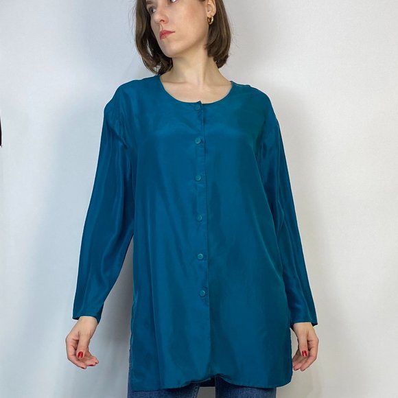 Vintage DIANE VON FURSTENBERG Teal SILK Tunic Blouse! Medium - Picture 4 of 7
